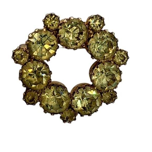 Paste Wreath Brooch Pin Yellow Round Prong Set Rhinestones Gold Tone Setting - Picture 11 of 13
